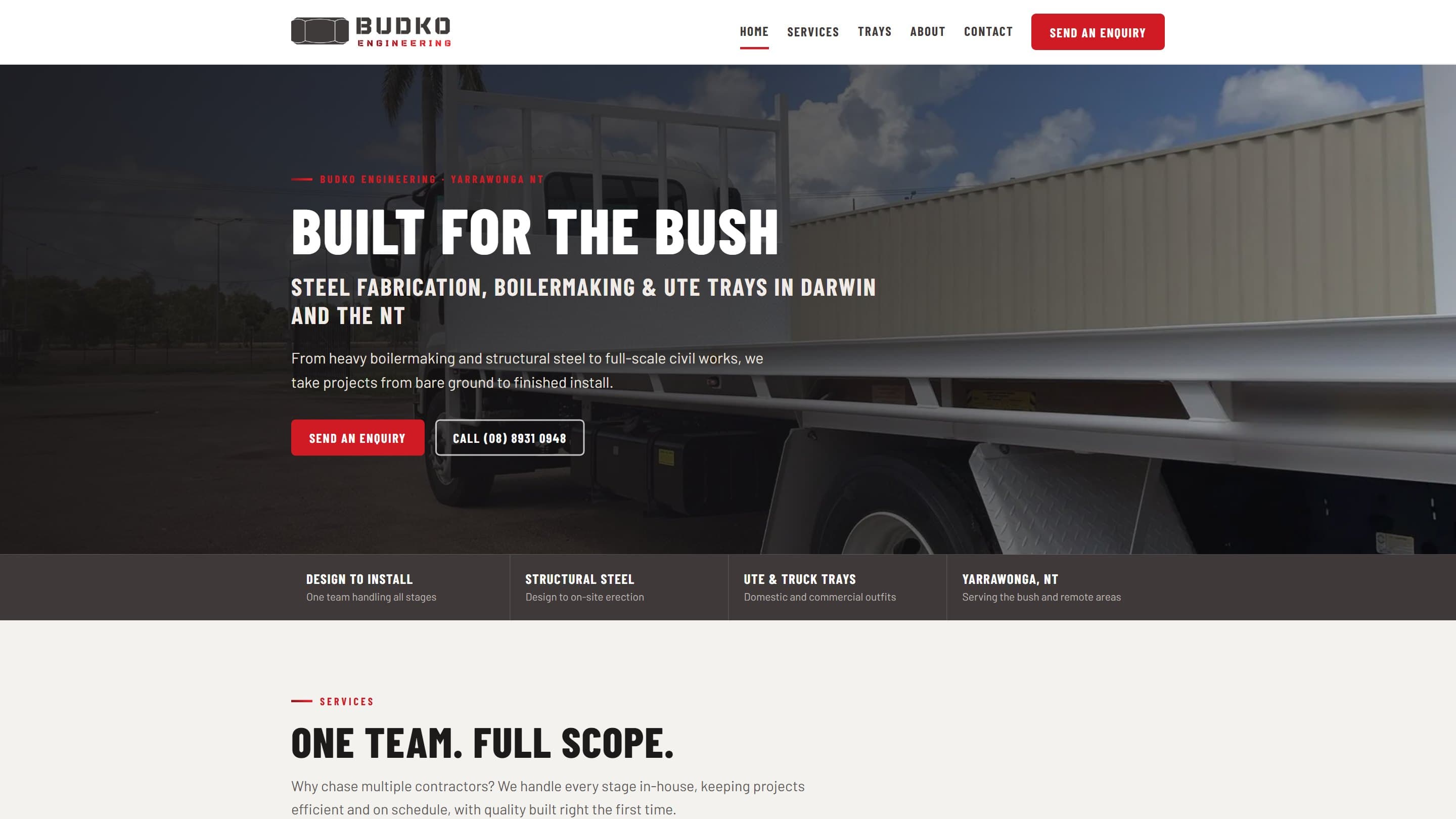 Budko Engineering homepage: the headline 'Built for the Bush' over a custom white truck tray