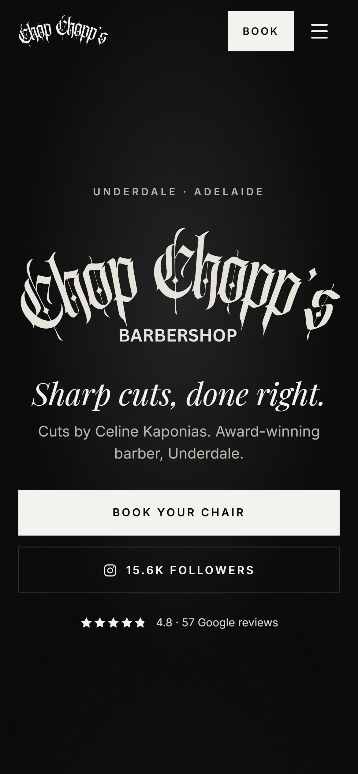 Chop Chopp's Barbershop website on a phone