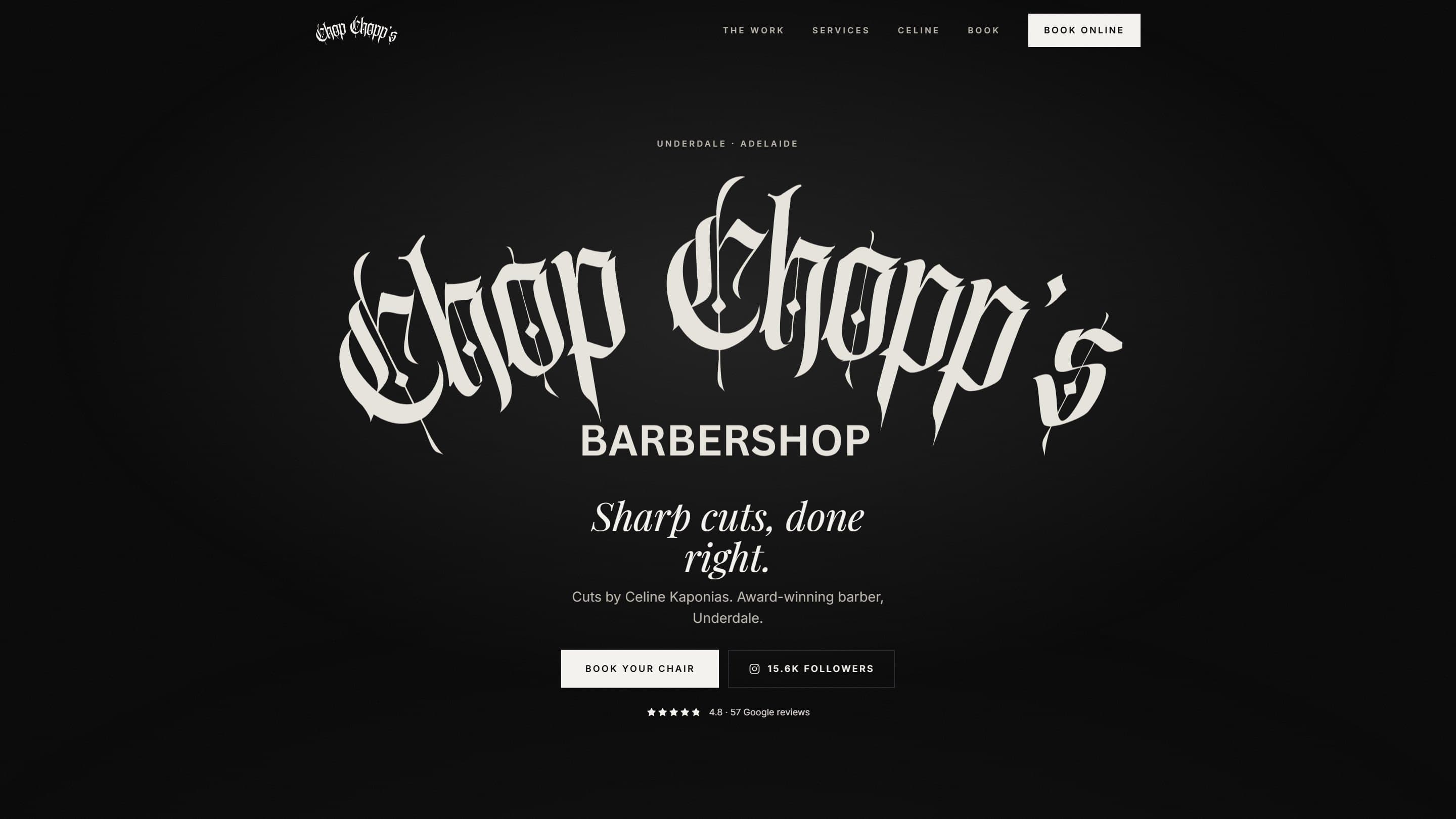 Chop Chopp's Barbershop homepage — the blackletter logo hero on black