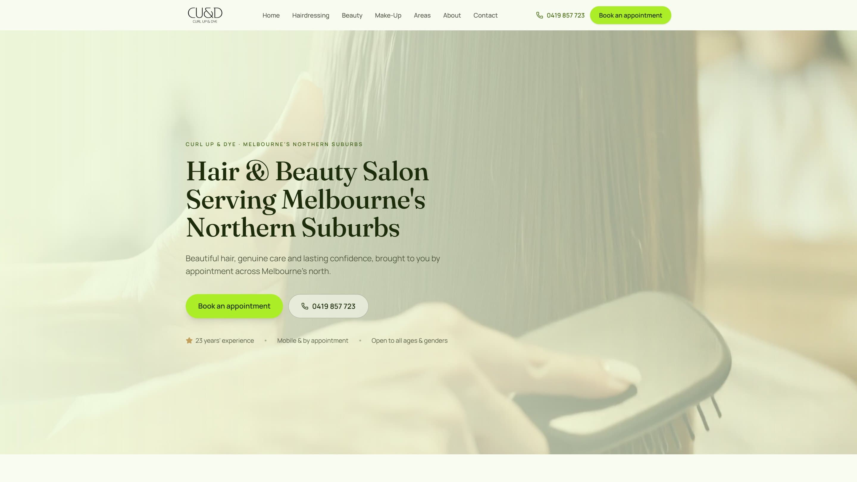 Curl Up & Dye — cinematic hair & beauty salon website hero, Melbourne's northern suburbs