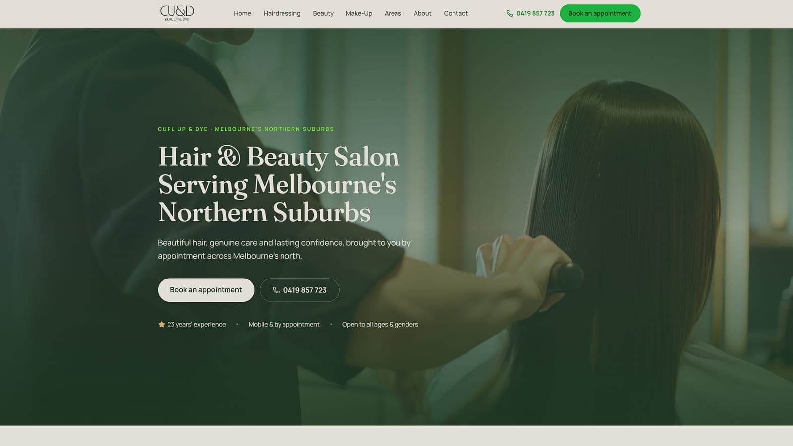 Curl Up & Dye — cinematic hair & beauty salon website hero, Melbourne's northern suburbs