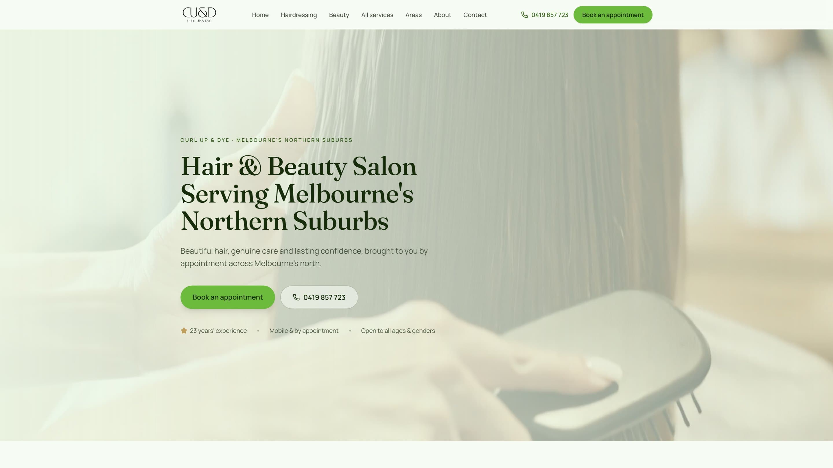 Curl Up & Dye — cinematic hair & beauty salon website hero, Melbourne's northern suburbs