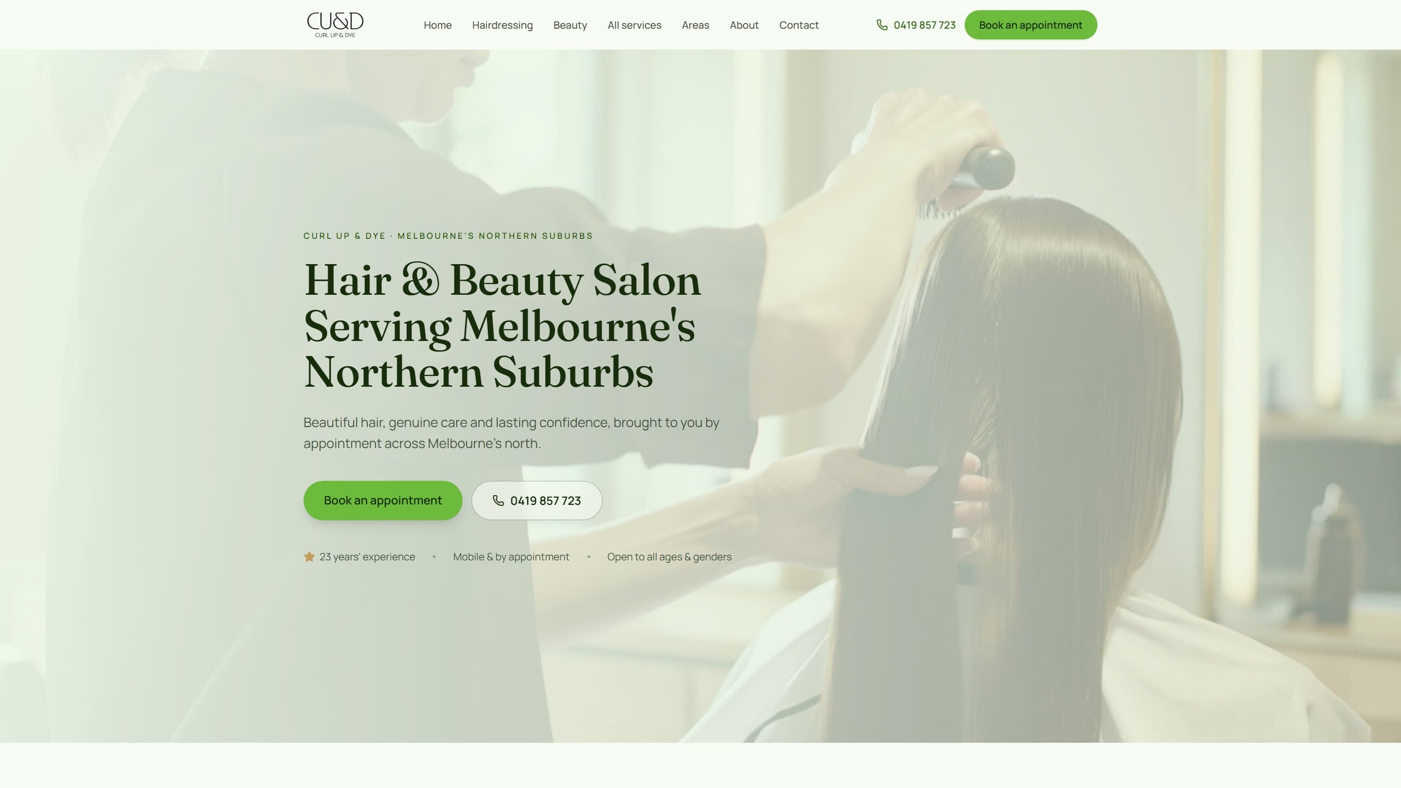 Curl Up & Dye — cinematic hair & beauty salon website hero, Melbourne's northern suburbs