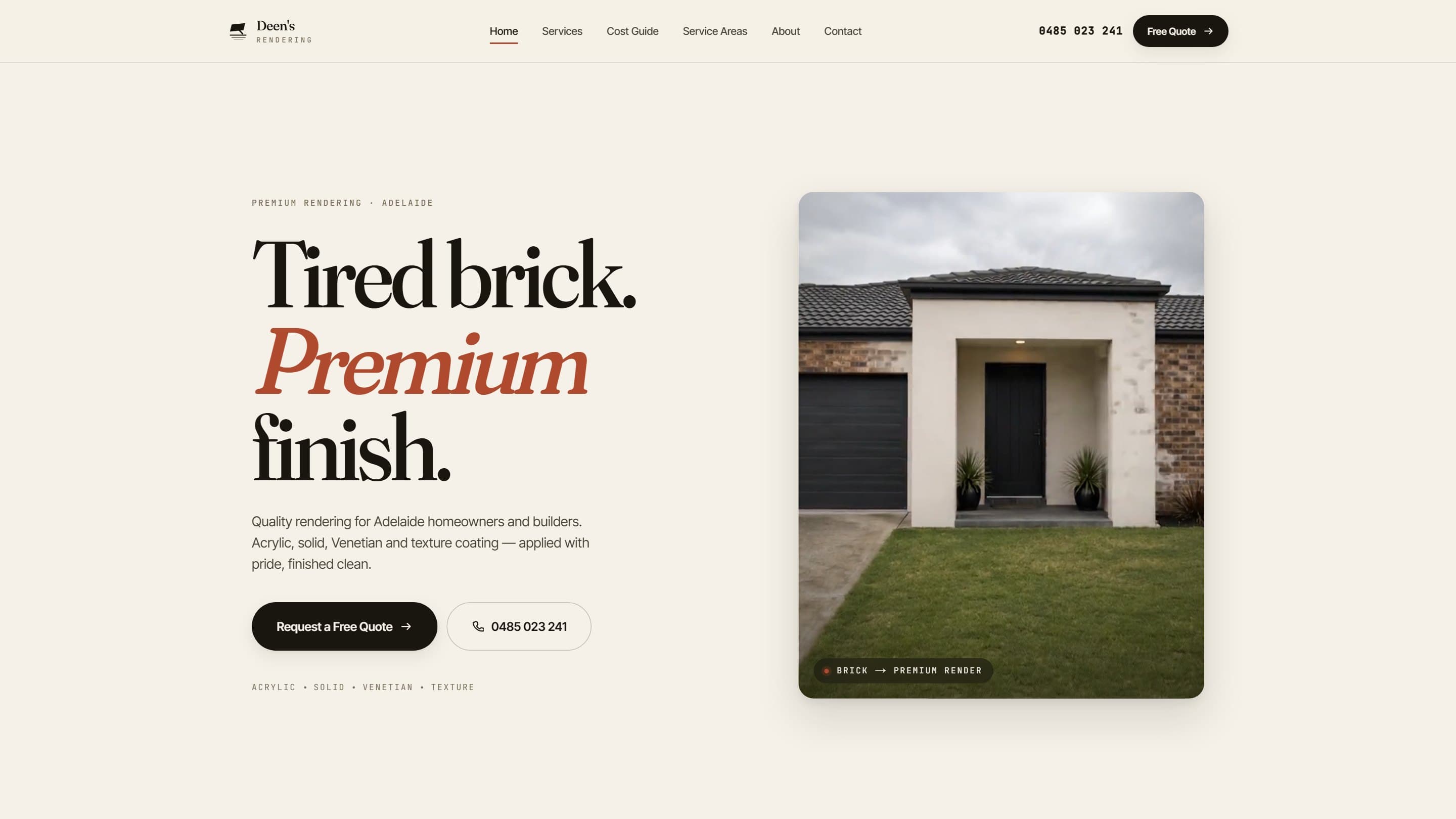 Deen's Rendering — premium rendered Adelaide home, shown in the live site's hero video