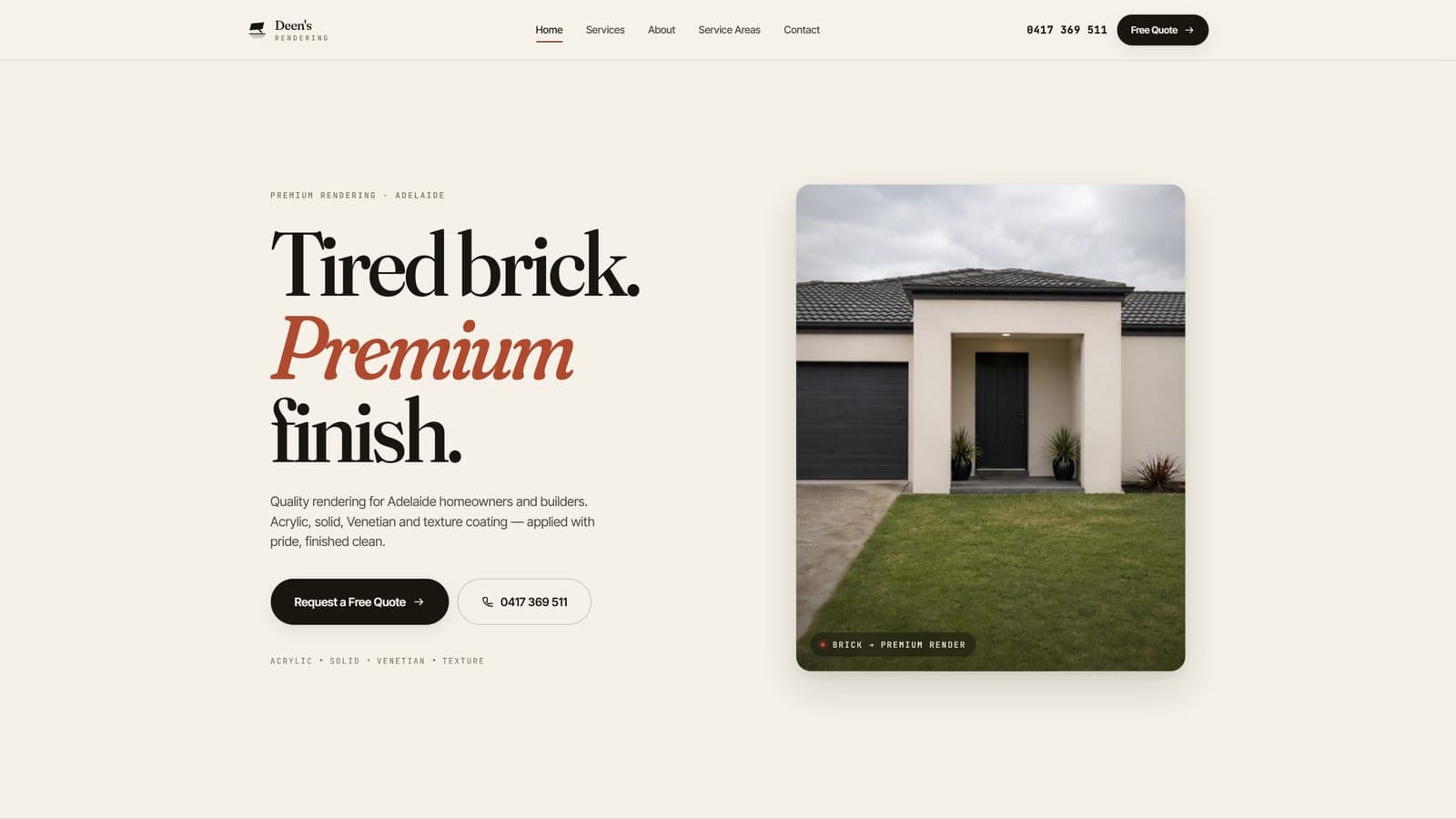 Deen's Rendering — premium rendered Adelaide home, shown in the live site's hero video