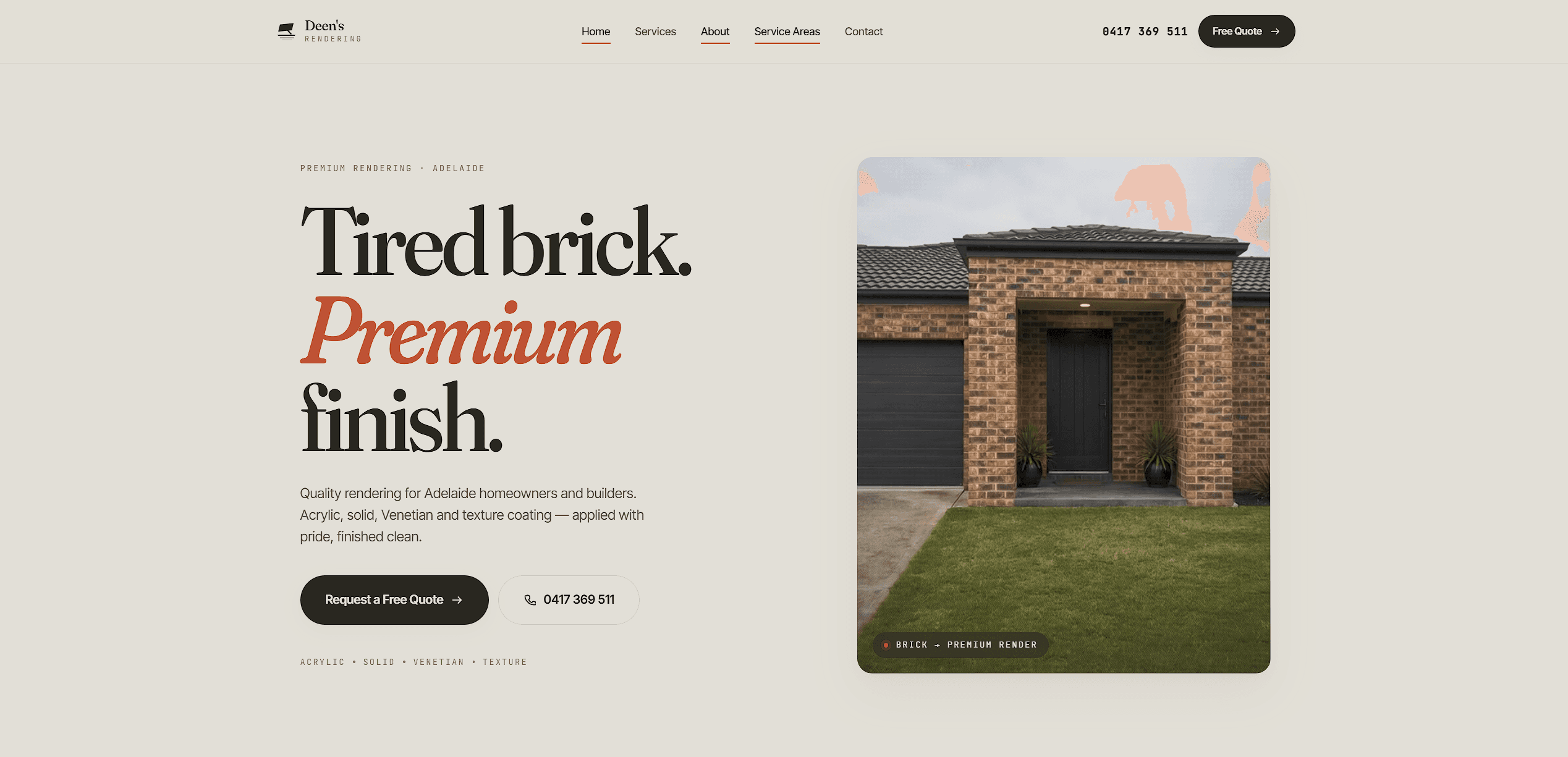 Deen's Rendering — premium rendered Adelaide home, shown in the live site's hero video