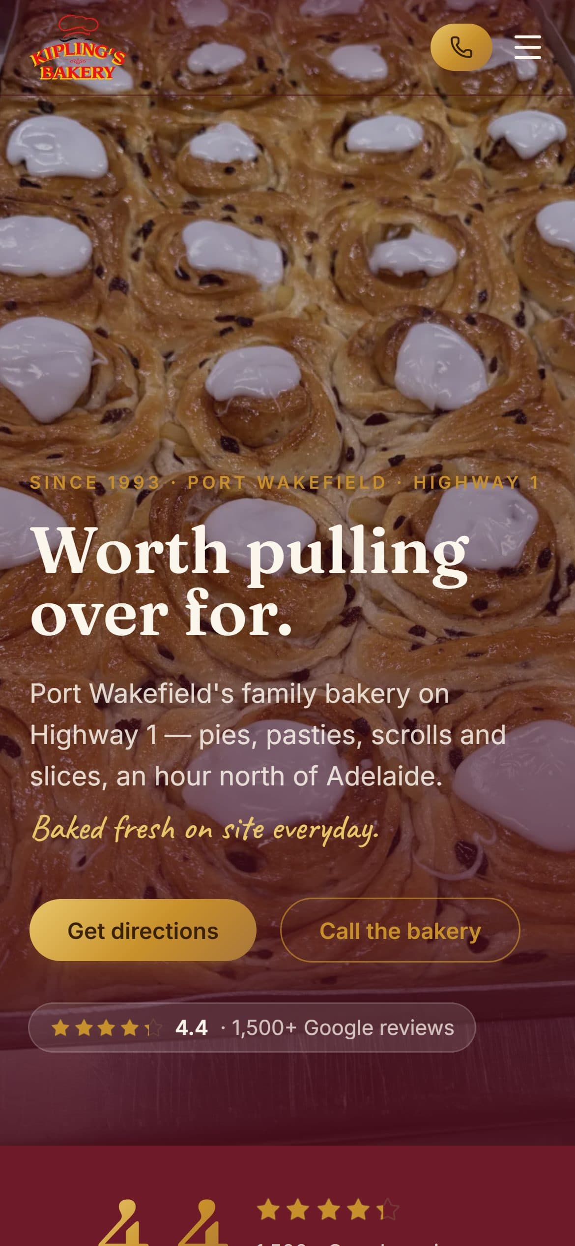 Kipling's Bakery website on a mobile phone