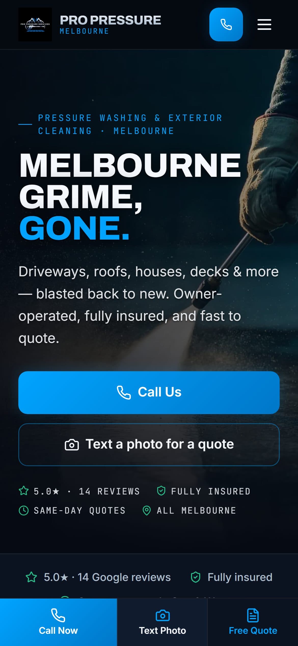 Pro Pressure Services website on a phone