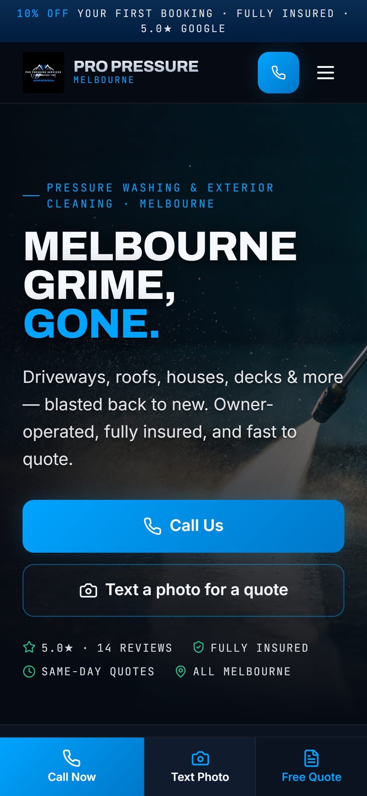 Pro Pressure Services website on a phone