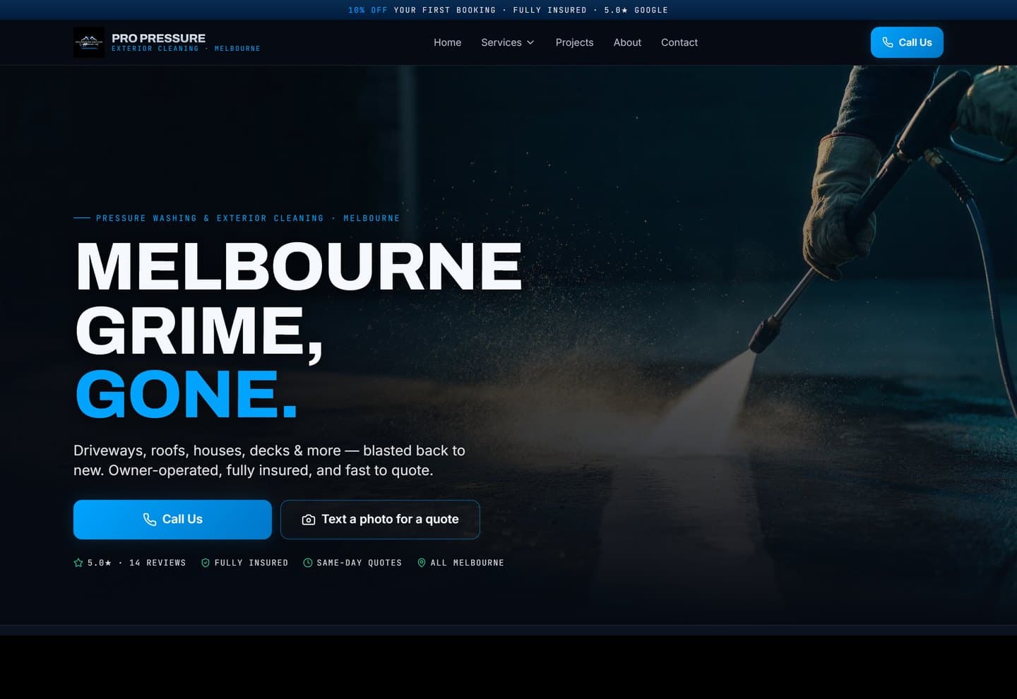 Pro Pressure Services — Melbourne grime, gone. Pressure washing & exterior cleaning homepage screenshot