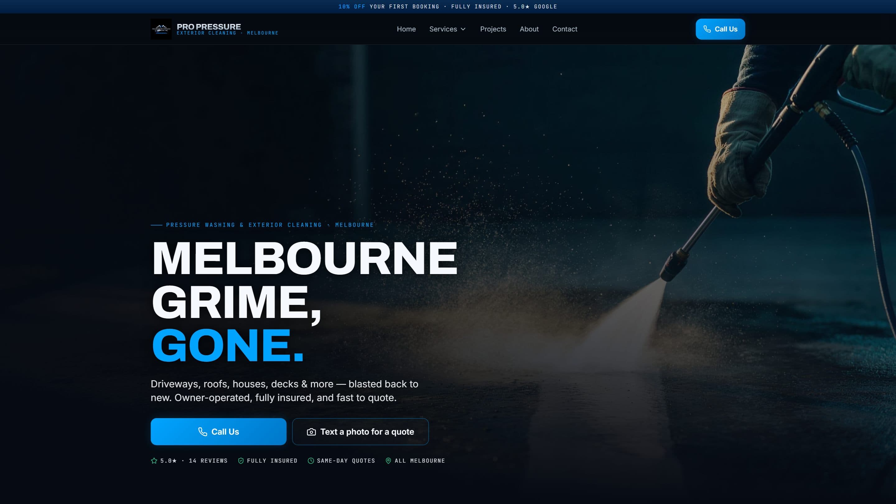 Pro Pressure Services — Melbourne grime, gone. Pressure washing & exterior cleaning homepage screenshot