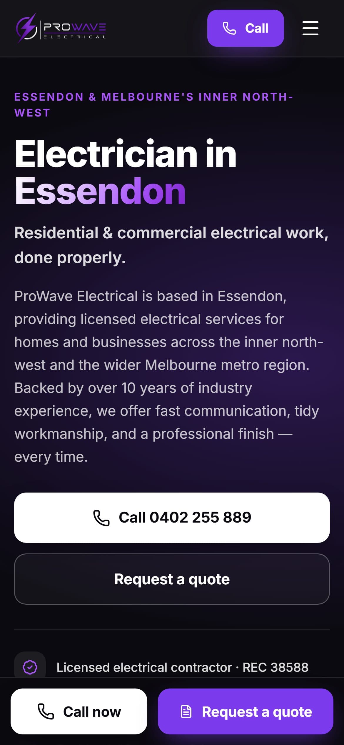 Prowave Electrical website on a phone
