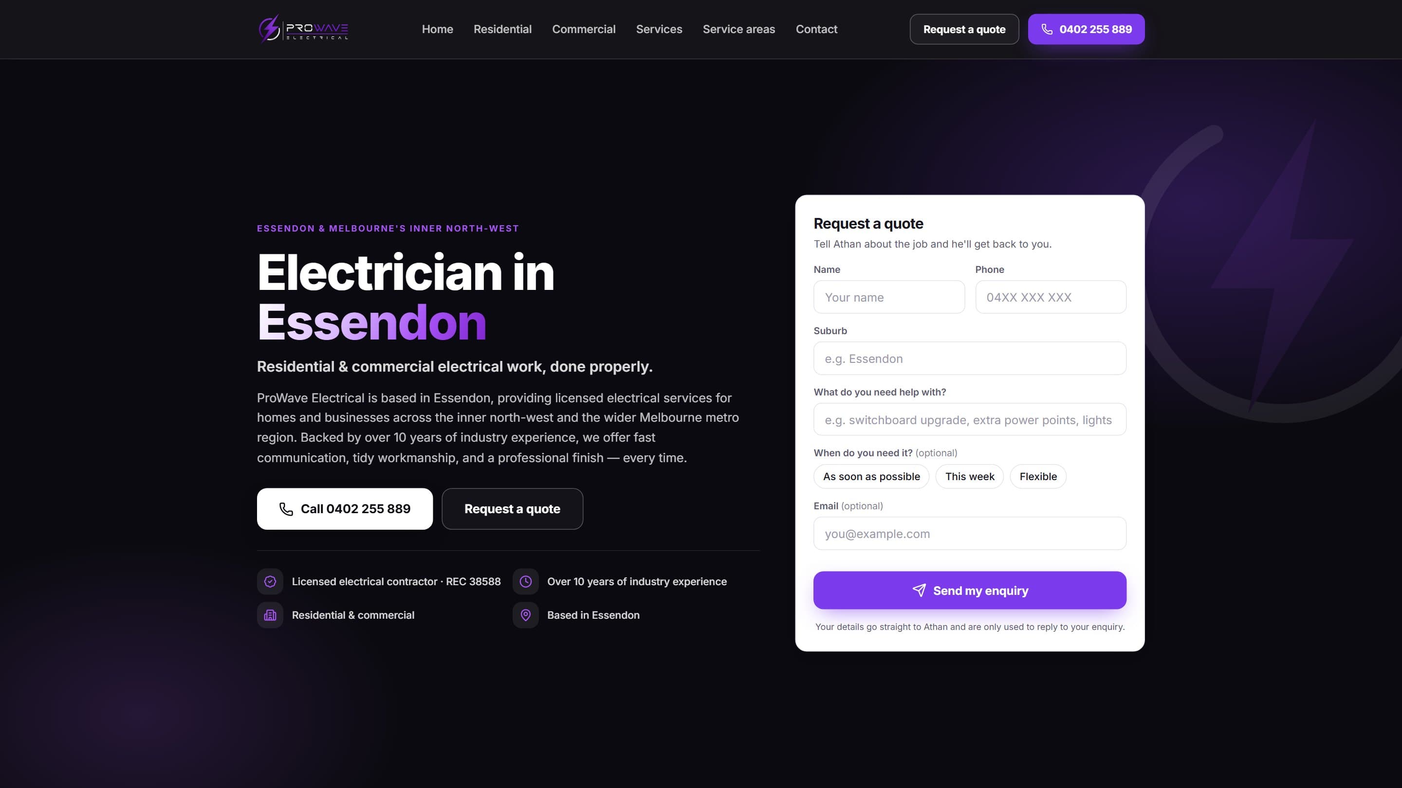 ProWave Electrical — Electrician in Essendon homepage screenshot