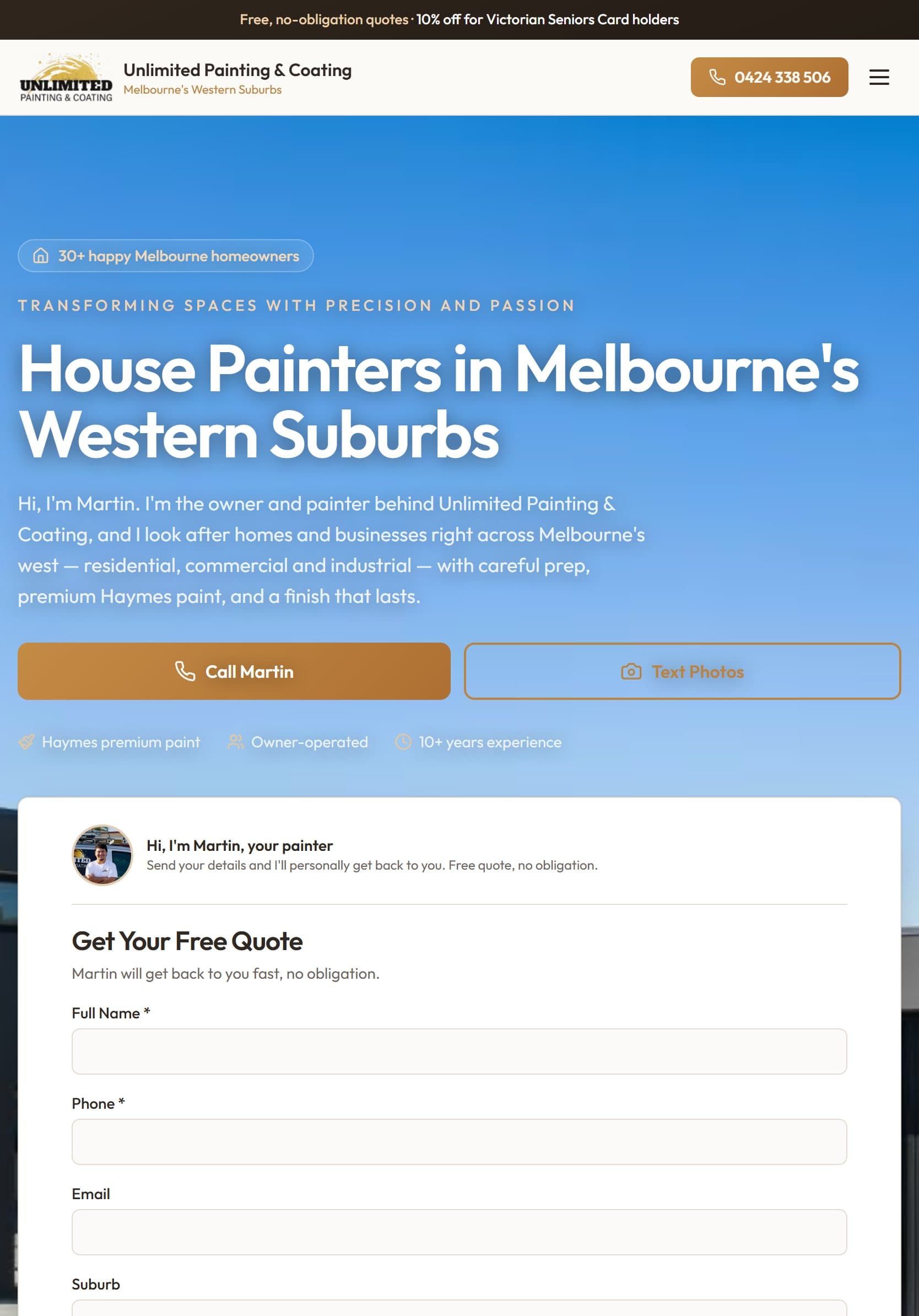 Unlimited Painting & Coating website on a tablet
