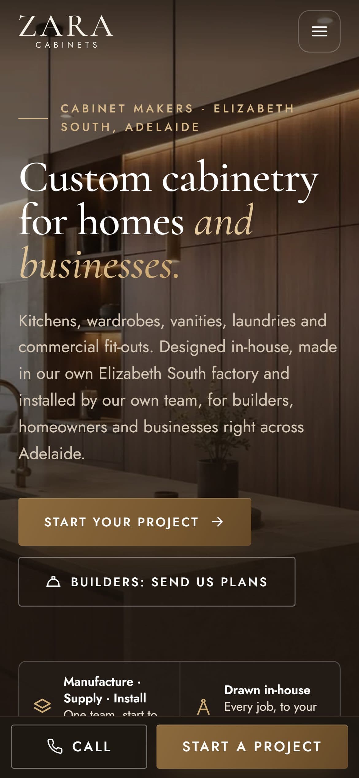Zara Cabinets website on a phone