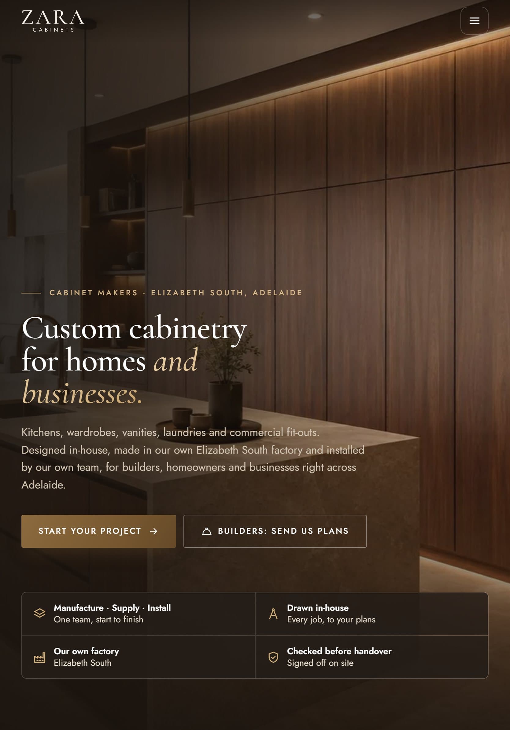 Zara Cabinets website on a tablet